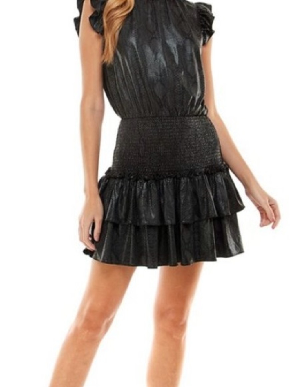 TCEC Faux Leather Black Snake Smocked Ruffle Tiered Mini Dress